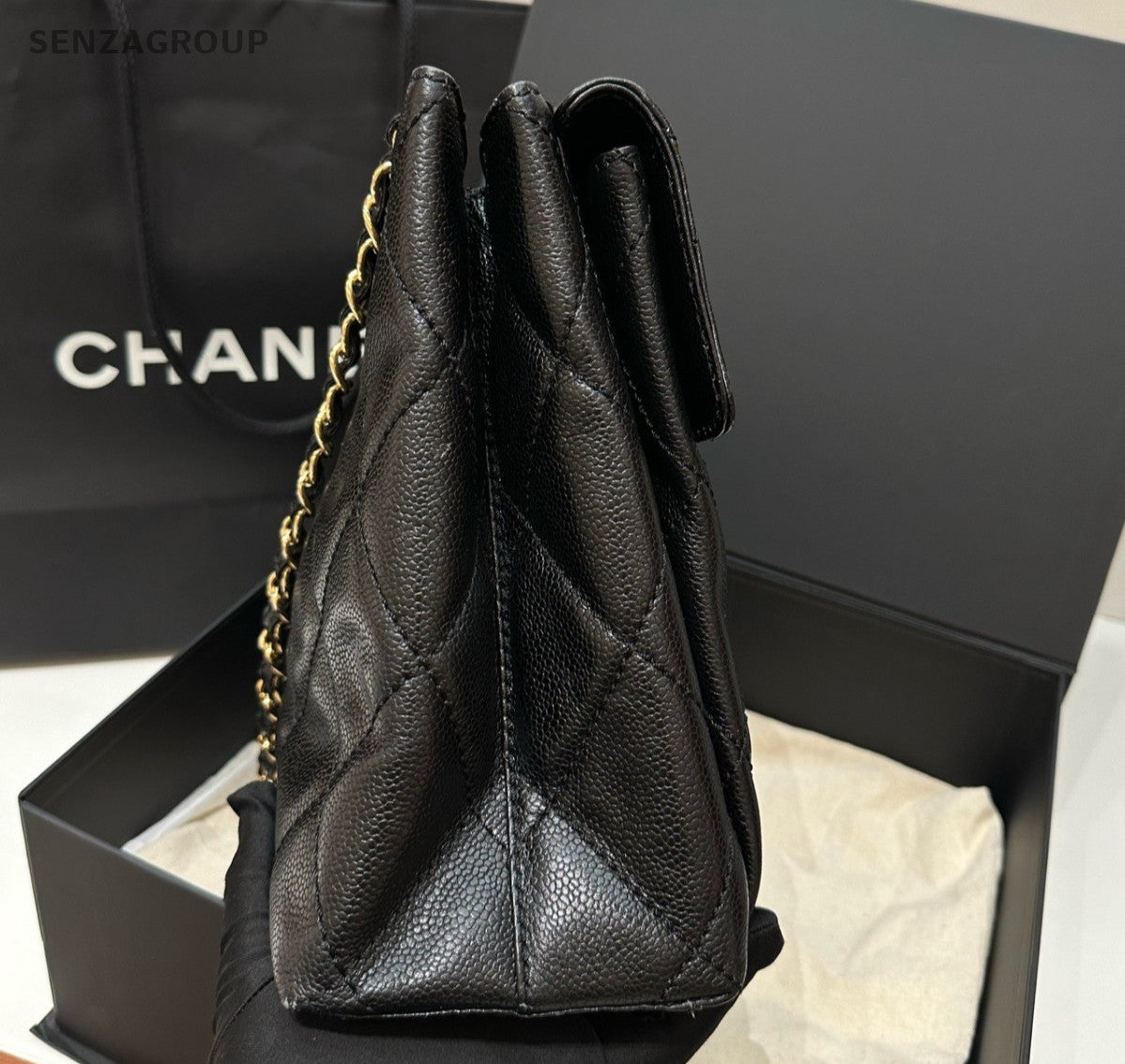 Chanel Satchel Chain Diamond Shoulder Bag Black Gold Women Classic Fashion