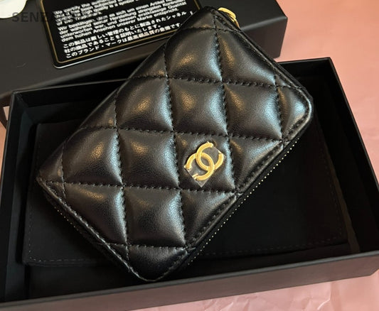 CHANEL Diamond pattern Wallet Black Gold Women Almost Brand NEW