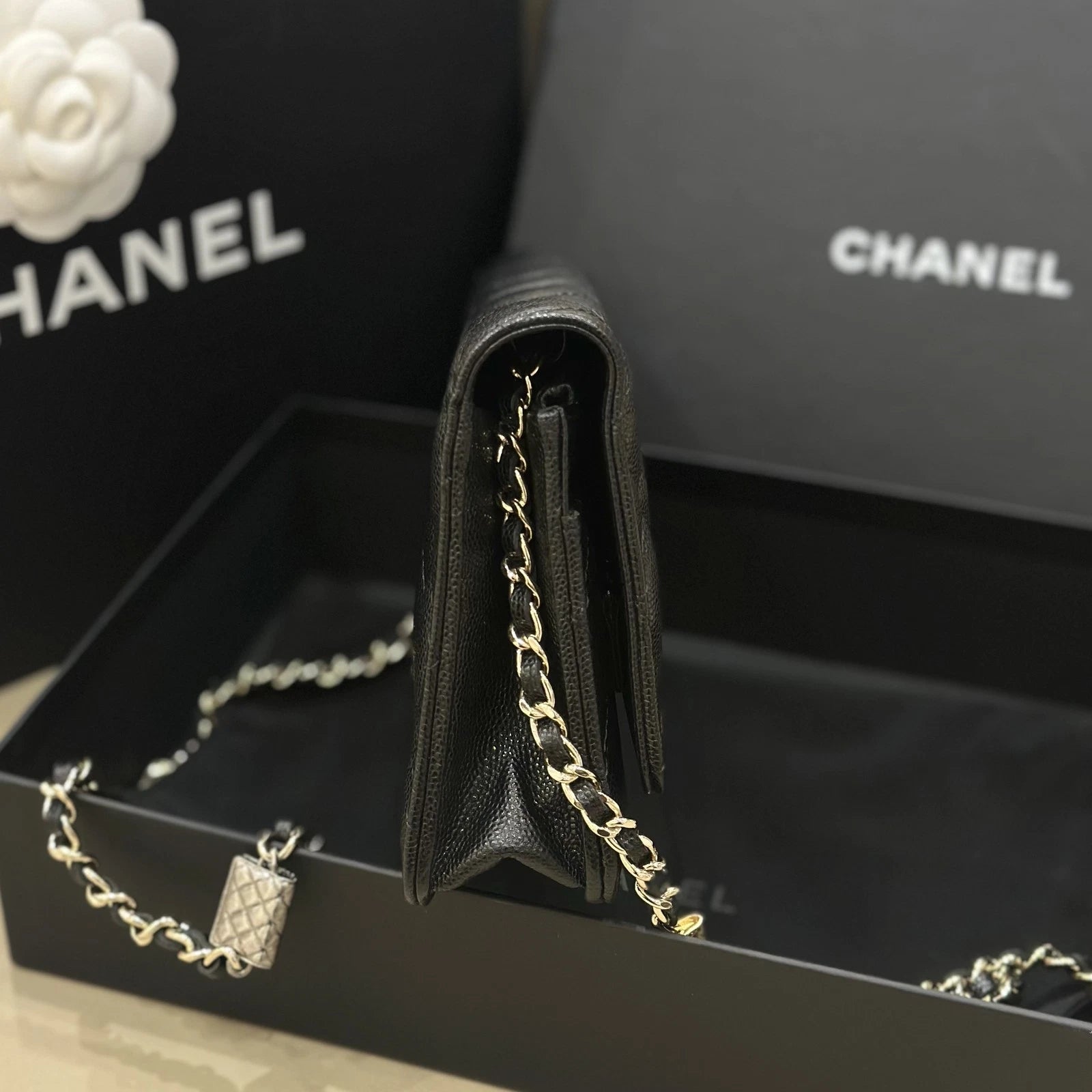 Chanel Black Leather Gold Chain WOC Crossbody Bag For Women