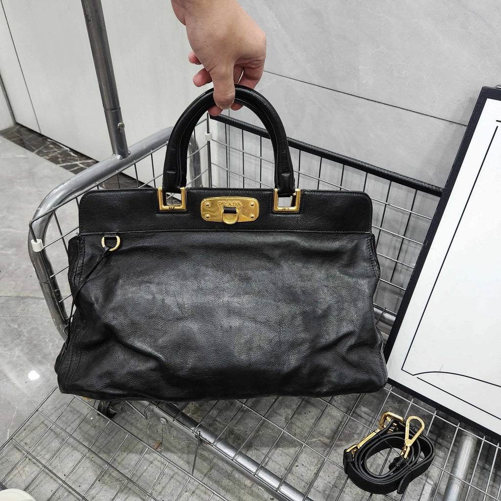 PRADA Black Gold Tote Handbag Shoulder Crossbody For Women
