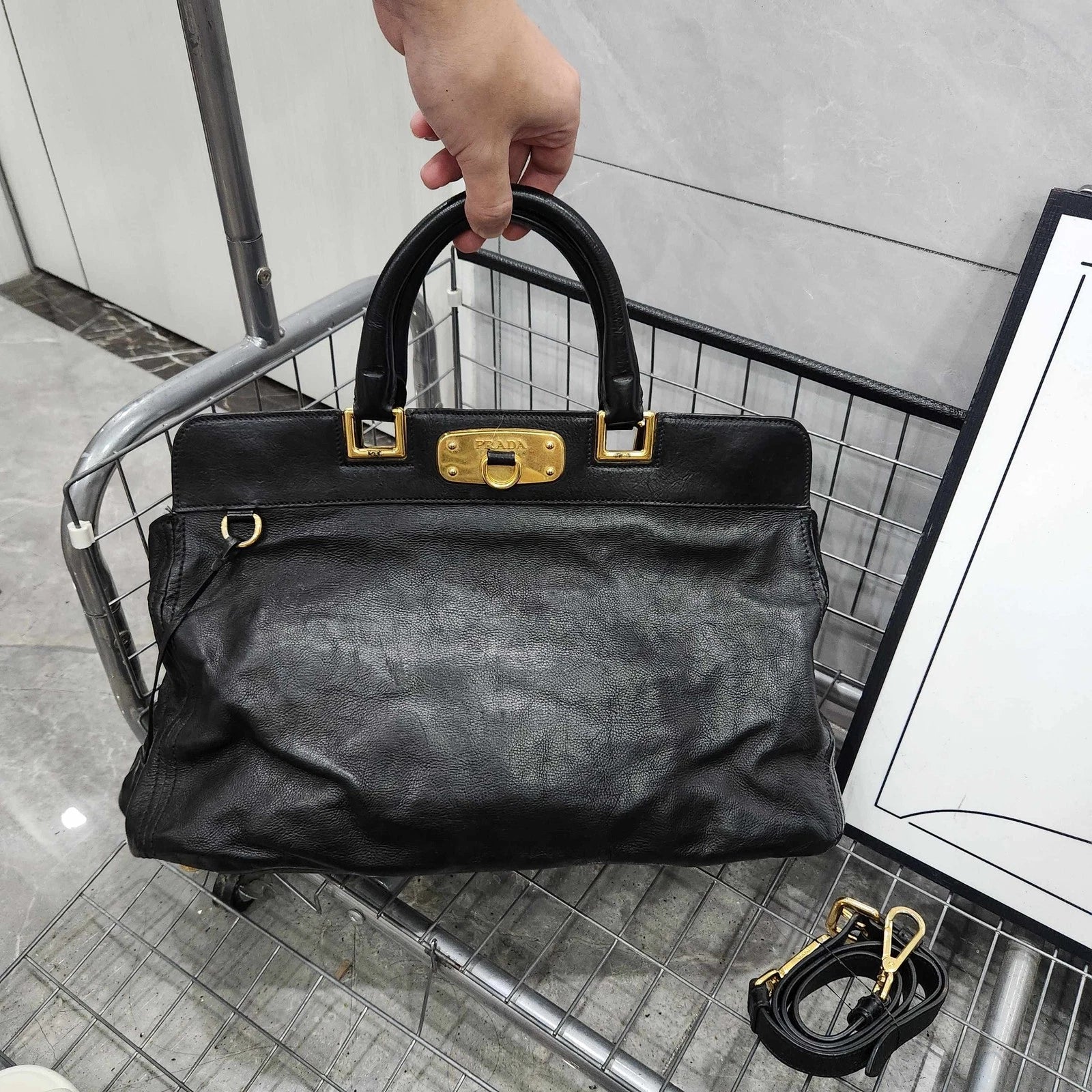 PRADA Black Gold Tote Handbag Shoulder Crossbody For Women
