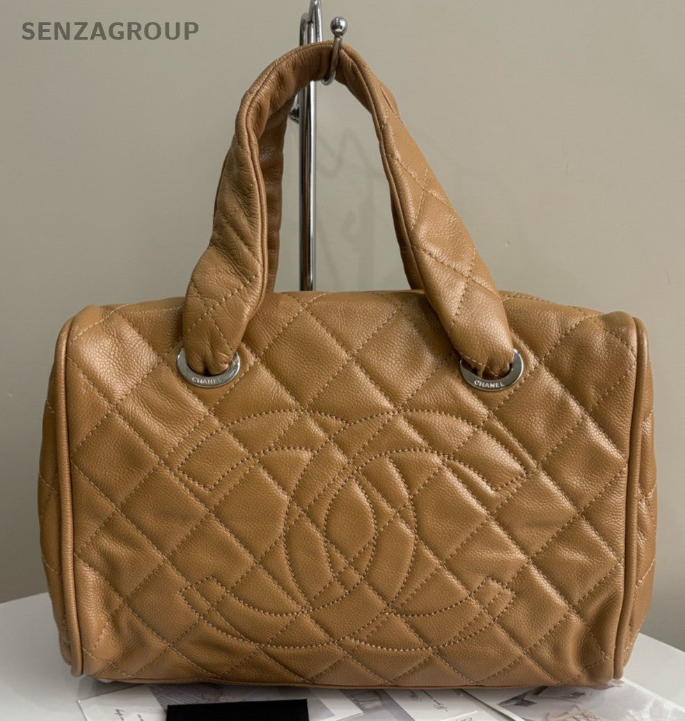 CHANEL Bowling Vintage Calfskin Boston Handbag Beige Women