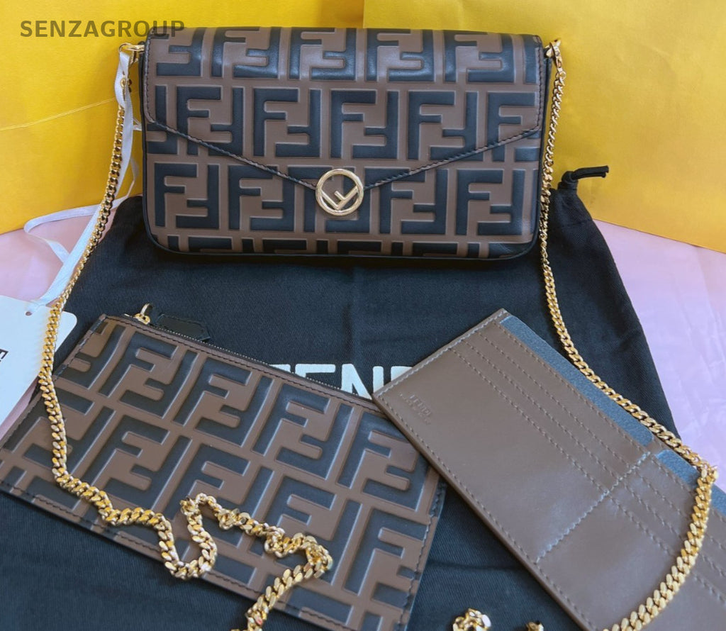 FENDI Félicie Pochette FF Monogram Chain Shoulder bag Crossbody Women Brown