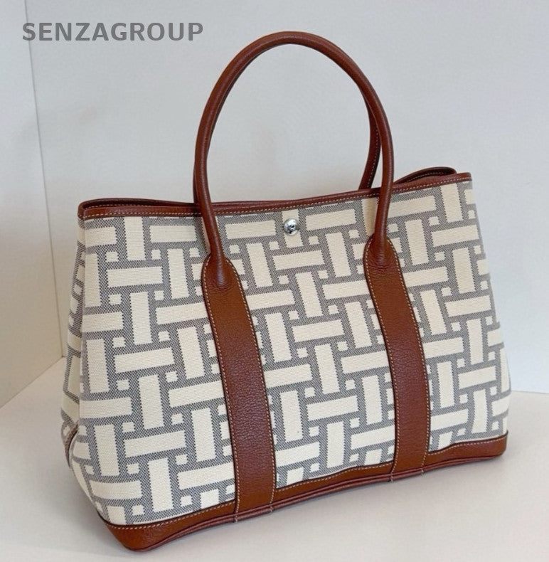 Hermes Garden Party36 Canvas Top Handle Bag White Brown Silver Women Classic