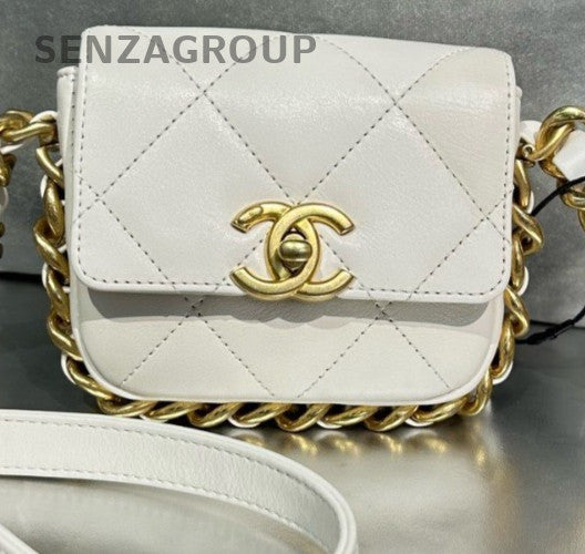 Chanel Lambskin Mini Chain 2Way Shoulder Bag Crossbody White Gold Used Women