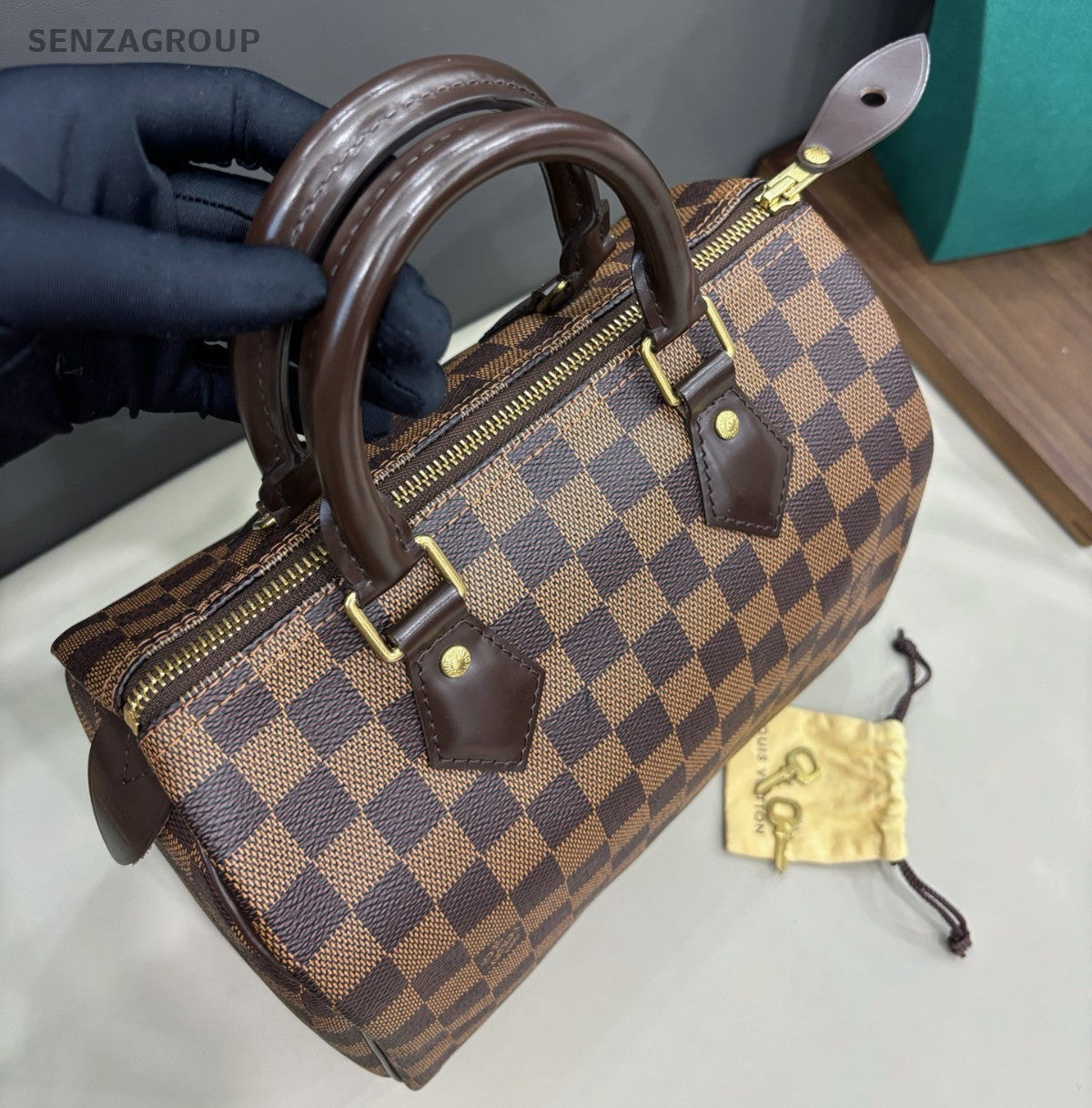 Louis Vuitton Speedy25 Top Handle Bag Brown Damier Ebene Gold Women Classic
