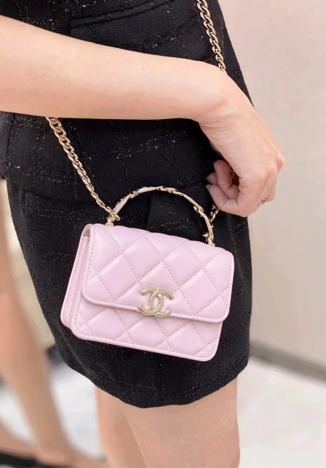 CHANEL Pink Lambskin Enamel Handle Mini Crossbody Handbag For Women