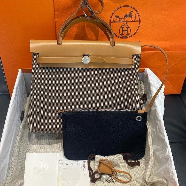 Hermes Herbag 31 Calfskin Canvas Top Handle Crossbody Bag Brown Women D