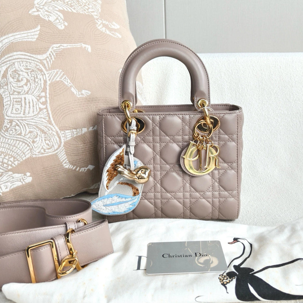 Christian Dior Lady Dior Lambskin Top Handle Crossbody Beige Gold Women Classic