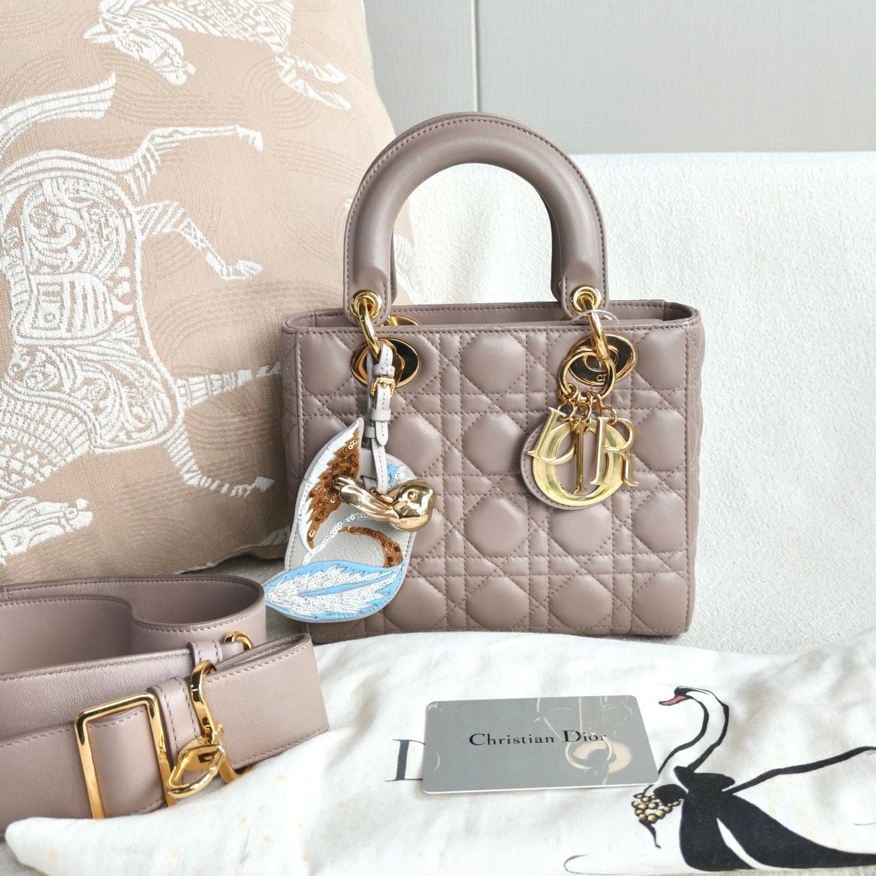 Christian Dior Lady Dior Lambskin Top Handle Crossbody Beige Gold Women Classic