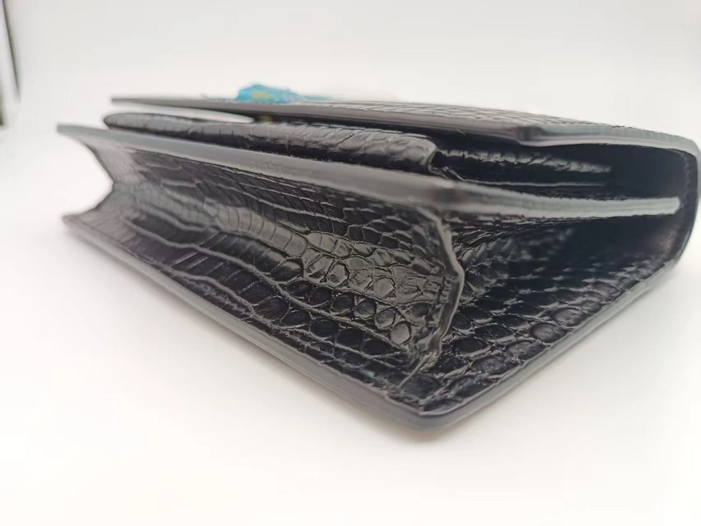 Saint Laurent Croc Embossed Calfskin Gold Logo Chain Wallet For Women