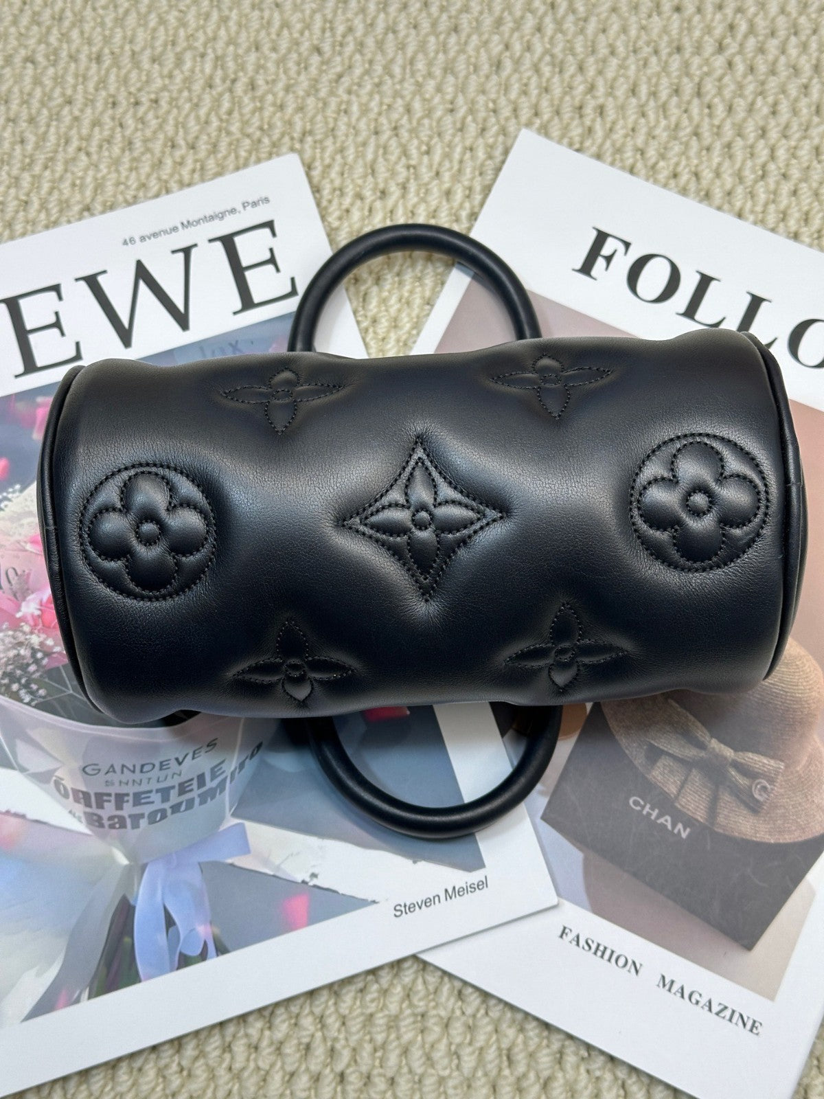 Louis Vuitton Papillon BB All Leather Top Handle Chain Shoulder Handbag Black