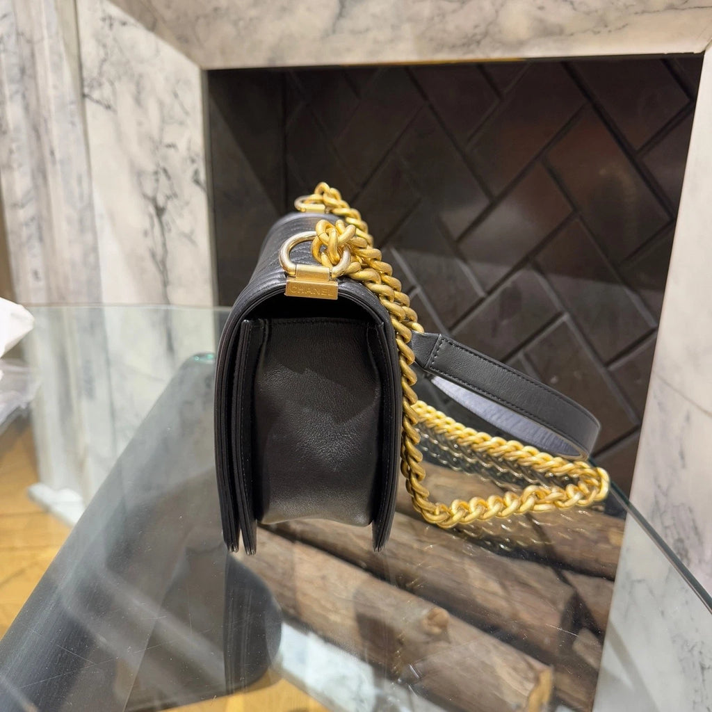 CHANEL Leboy Medium Lambskin Black Gold Shoulder Bag For Women