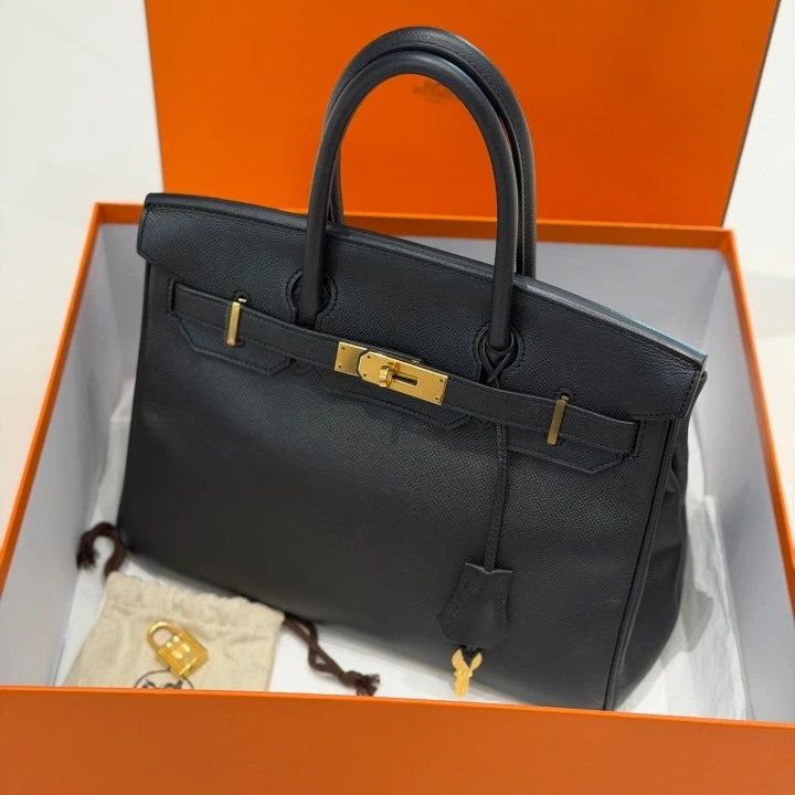 Hermes Birkin 30 Epsom Tote Top Handle Bag Black Gold Women Classic D