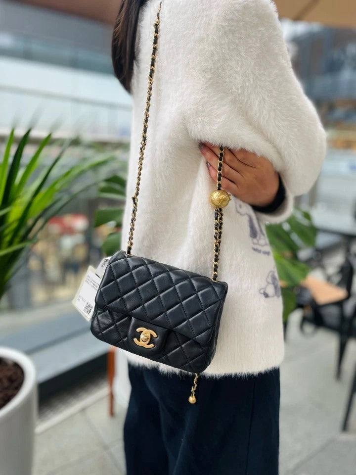 Chanel Lambskin Gold Ball Square Crossbody Bag For Women