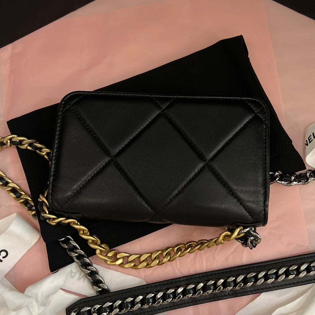 Chanel 19Bag WOC Lambskin Mini Chain Top Handle Crossbody Black Gold Women