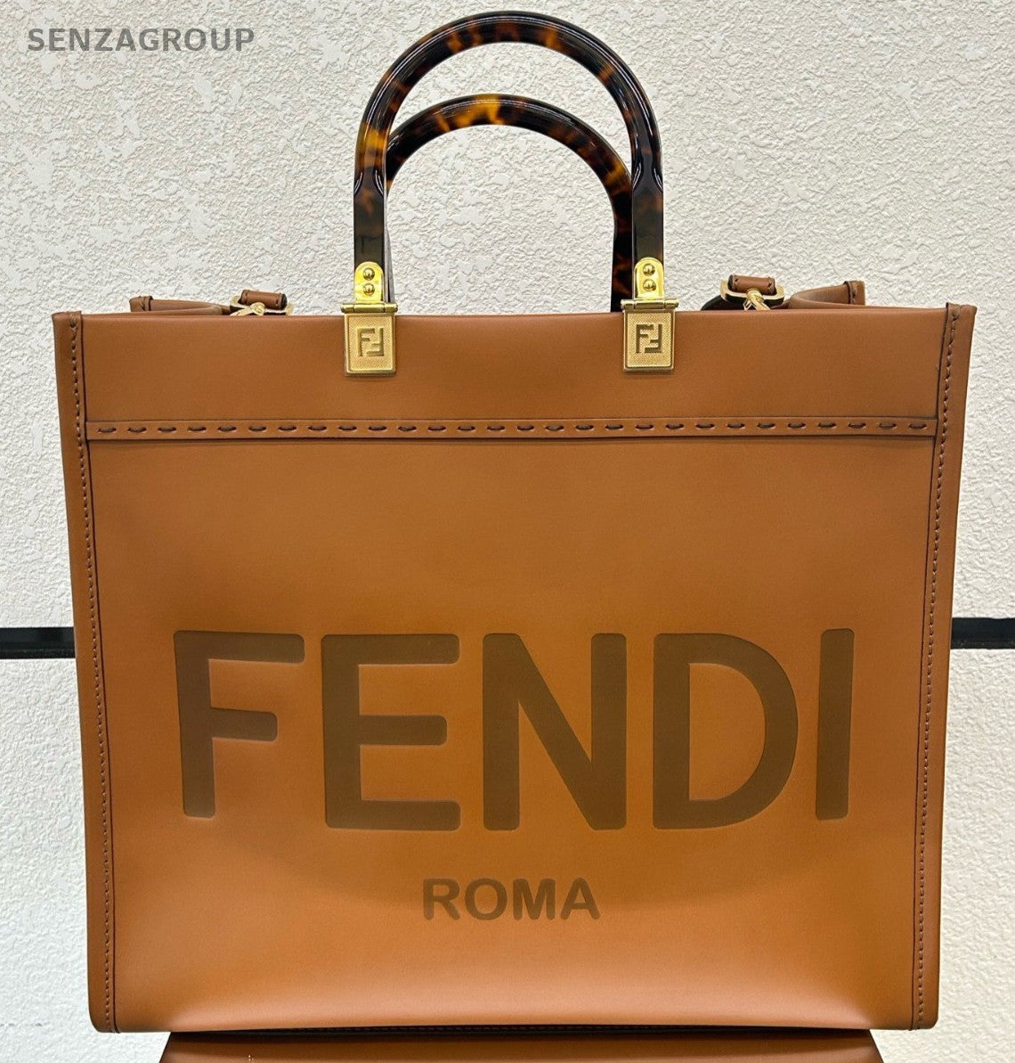 Fendi Sunshine Calfskin Tote Handbag Crossbody Brown Gold Women Classic Designer