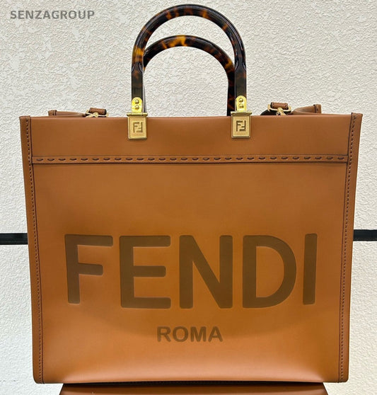 Fendi Sunshine Calfskin Tote Handbag Crossbody Brown Gold Women Classic Designer