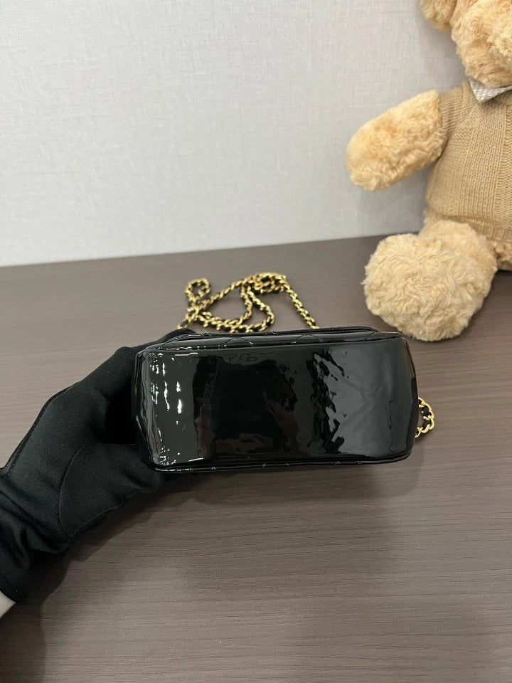CHANEL Black Gold Patent Leather Mini Crossbody Bag For Women