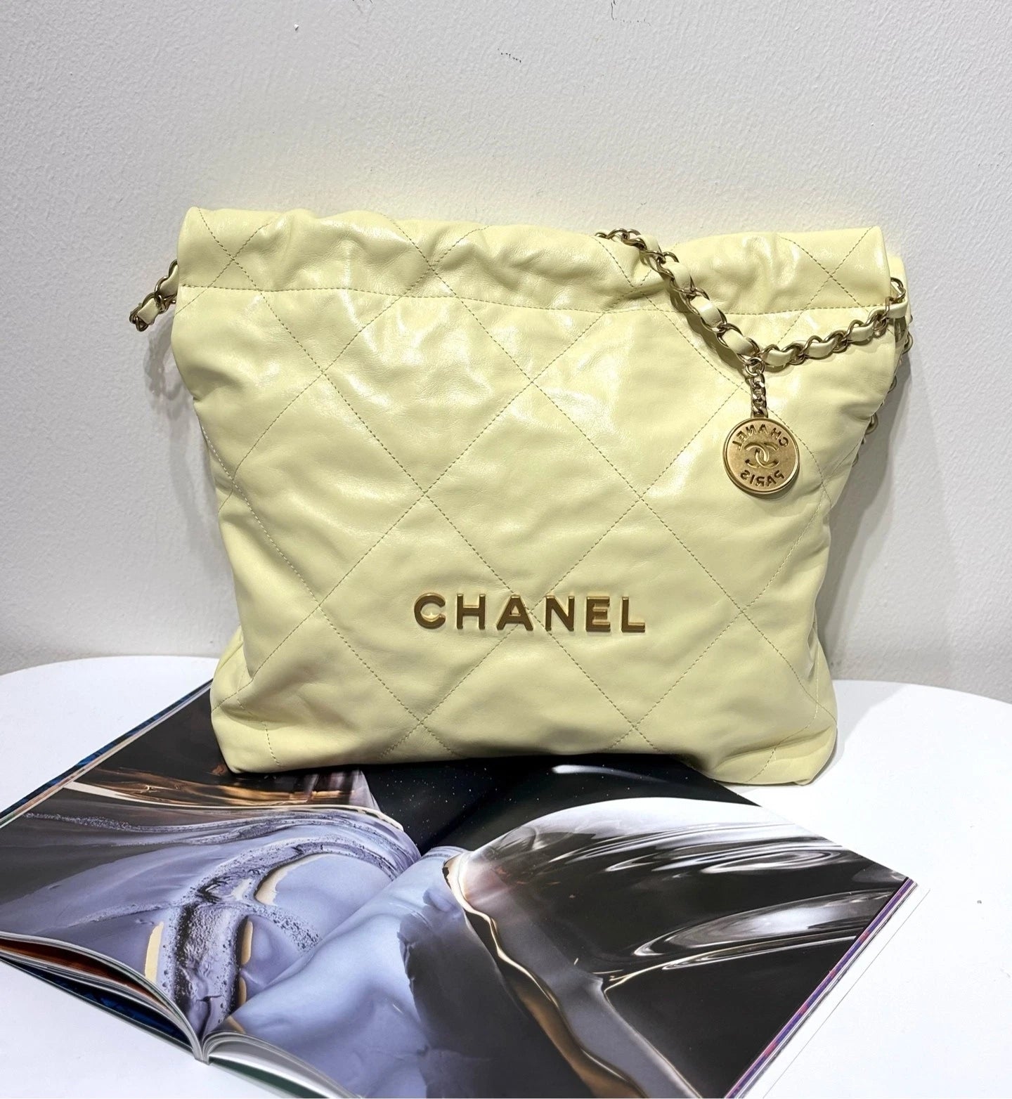Authentic CHANEL 22 Small Yellow Tote Shoulder Bag For Women