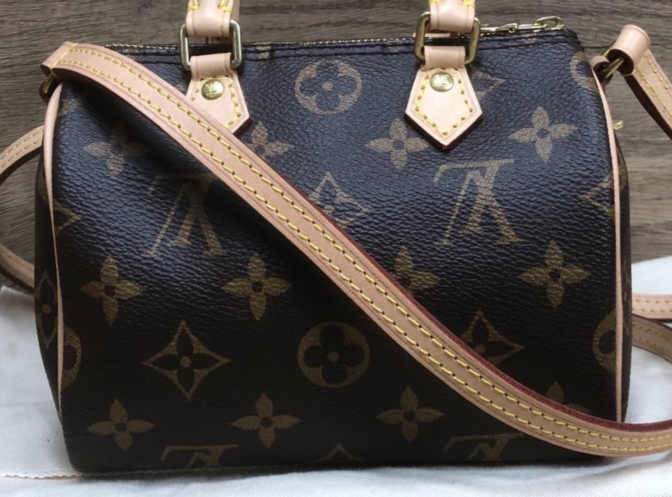 Louis Vuitton Speedy Nano Monogram Shoulder Bag Crossbody Brown Gold Used Women