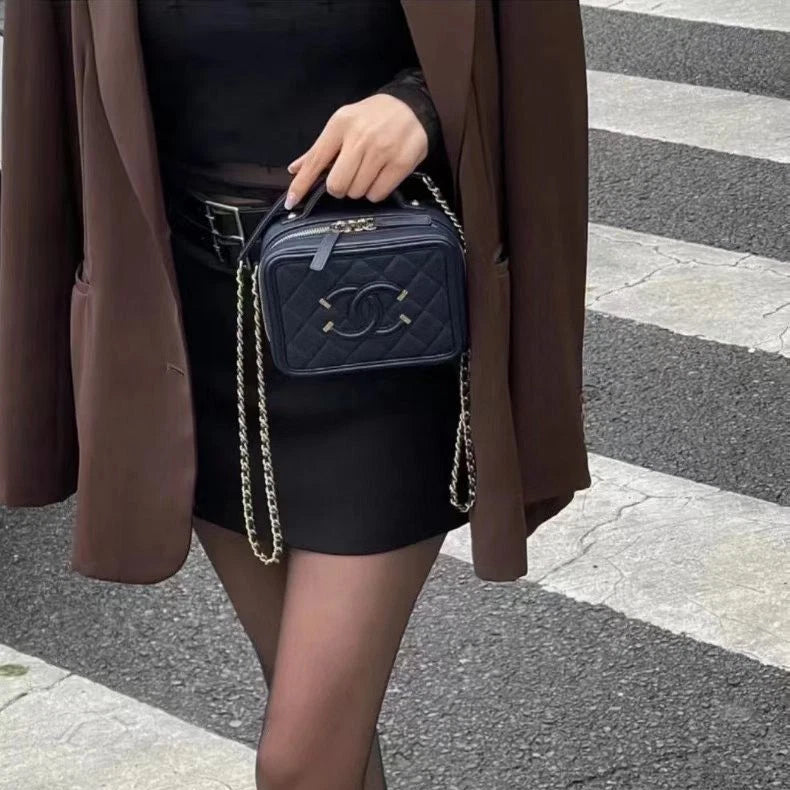 Chanel Vanity Case PM Chain Top Handle Crossbody Black Gold Women Diamond