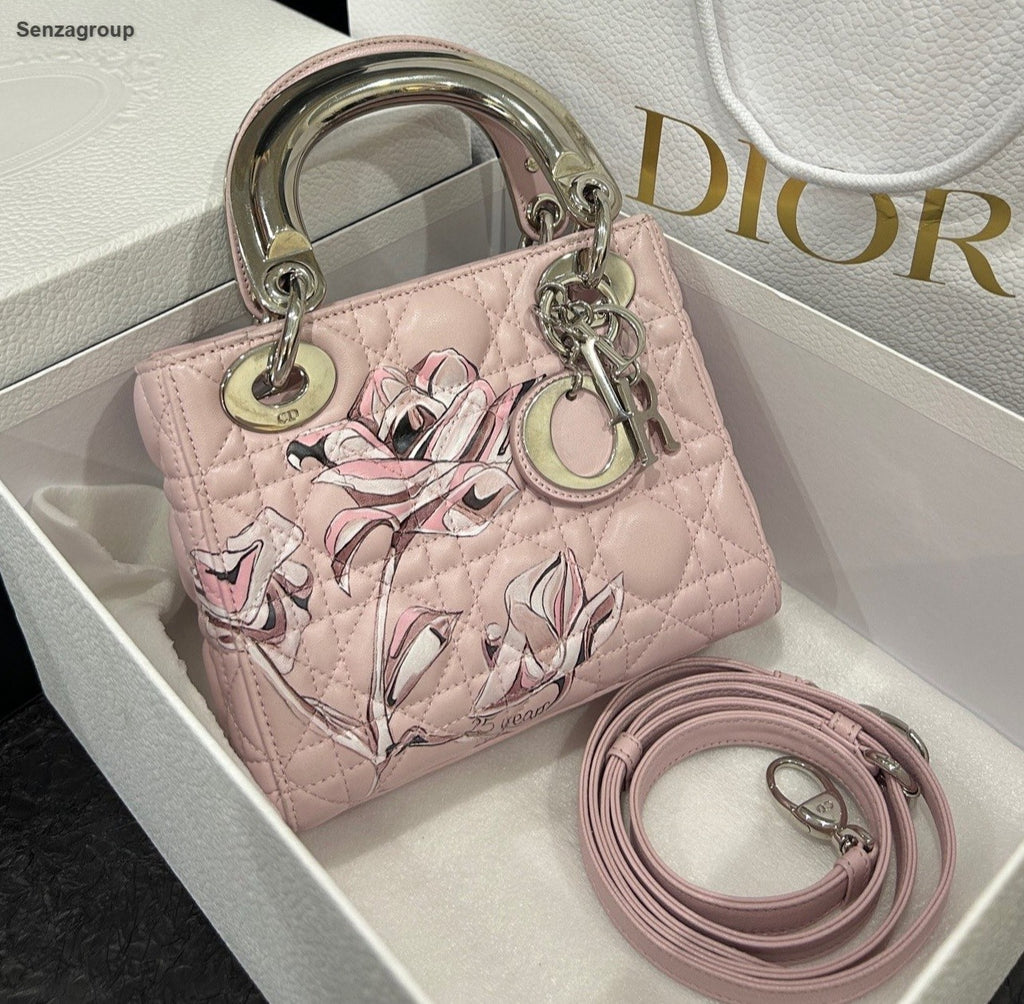 Christian Dior Lady Dior 2Way Top Handle Crossbody Pink Silver Women Classic