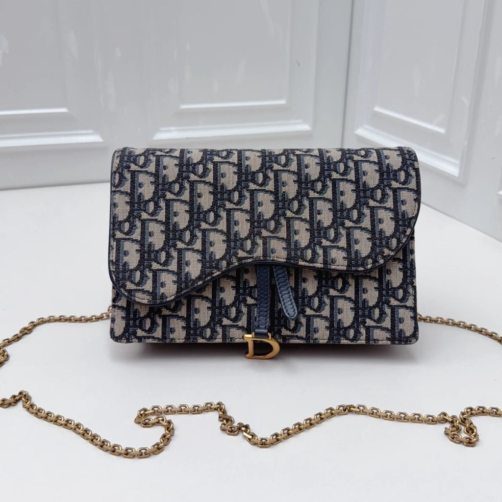 Christian Dior Oblique Canvas WOC Gold Chain Navy Shoulder Bag Crossbody