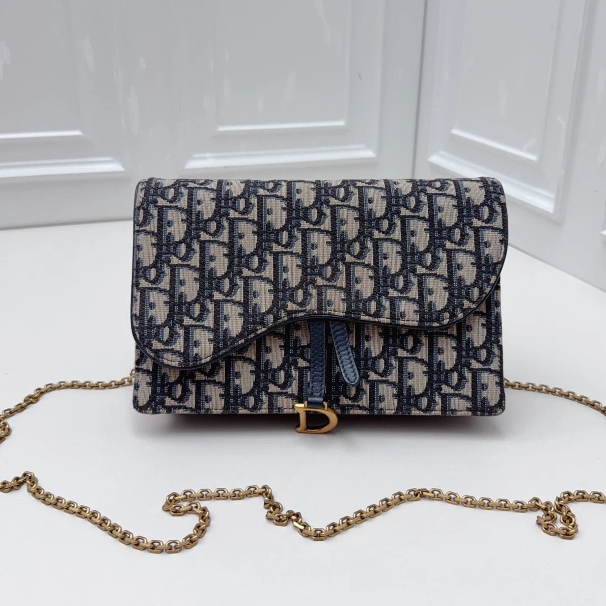 Christian Dior Oblique Canvas WOC Gold Chain Navy Shoulder Bag Crossbody