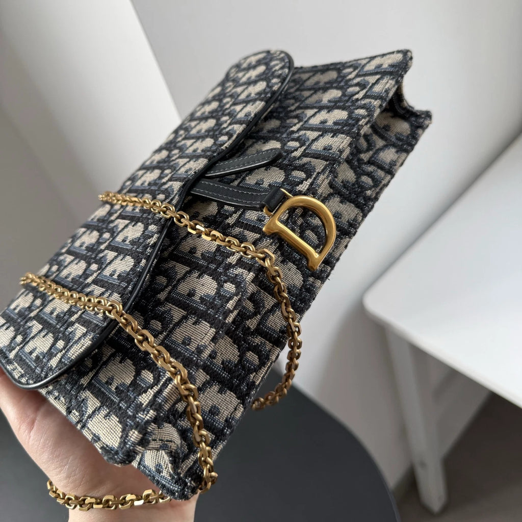 Dior Saddle Canvas Gold Blue Shoulder Bag Chain Bag Excellent