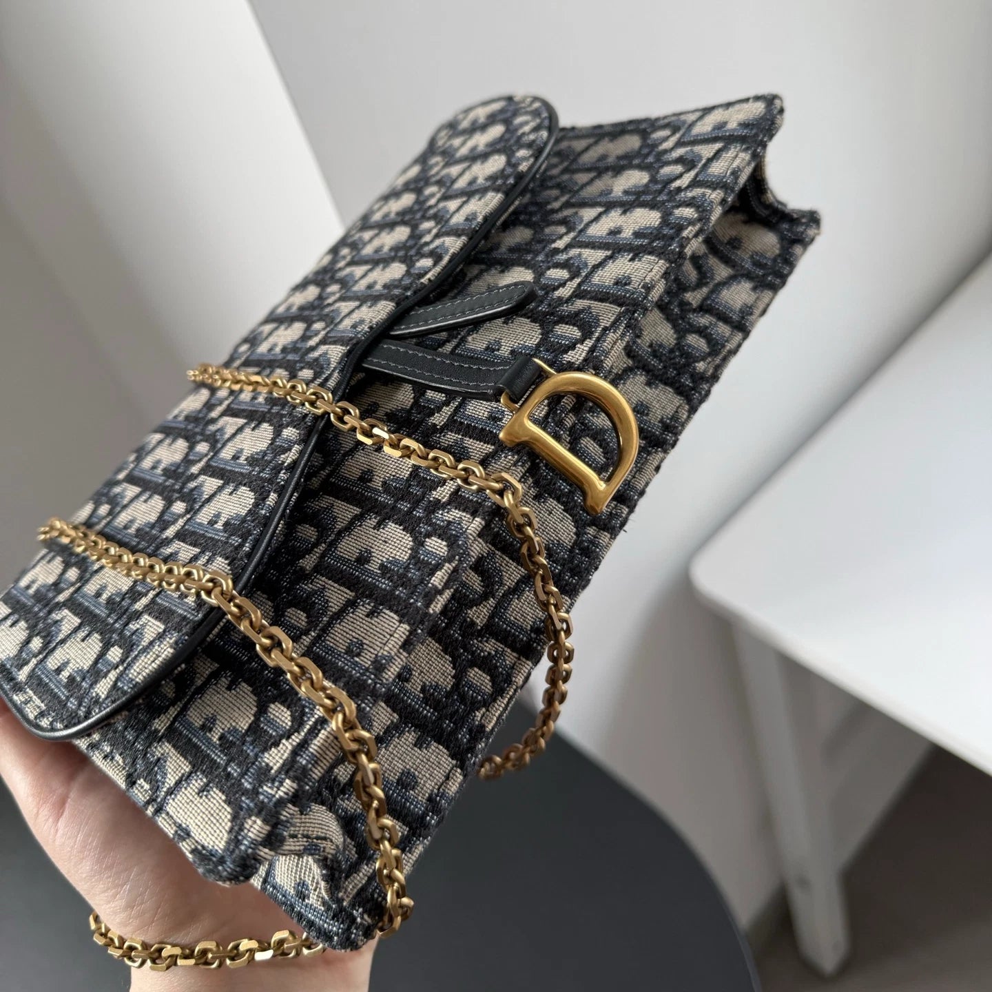 Dior Saddle Canvas Gold Blue Shoulder Bag Chain Bag Excellent