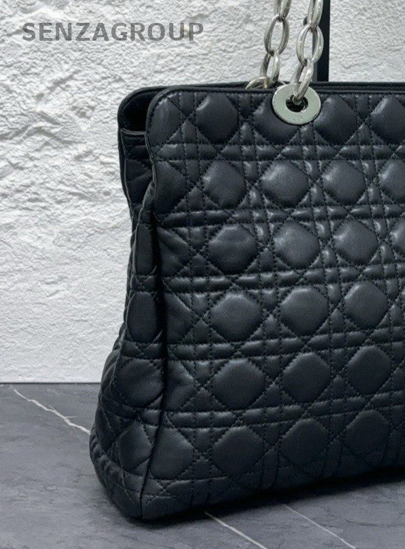 Dior Lady Lambskin Leather Chain Tote Shoulder Bag Black Silver Women Classic