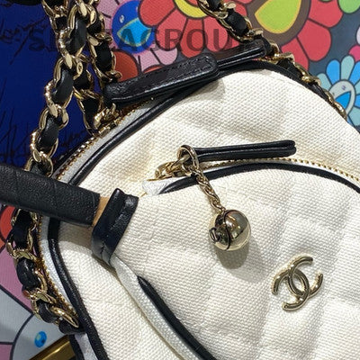 Chanel Mini White Gold Canvas & Calfskin Chain Shoulder Crossbody Clutch Bag