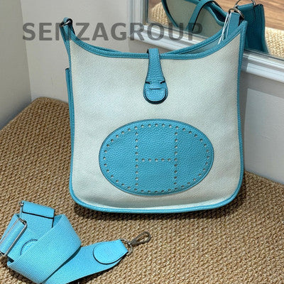 Hermès Evelyne 29 Blue White Canvas Silver Buckle Shoulder Crossbody Bag