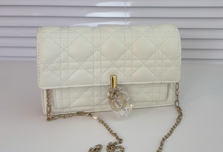 Christian Dior Woc Lambskin Wicker check pattern Chain Shoulder bag White Gold
