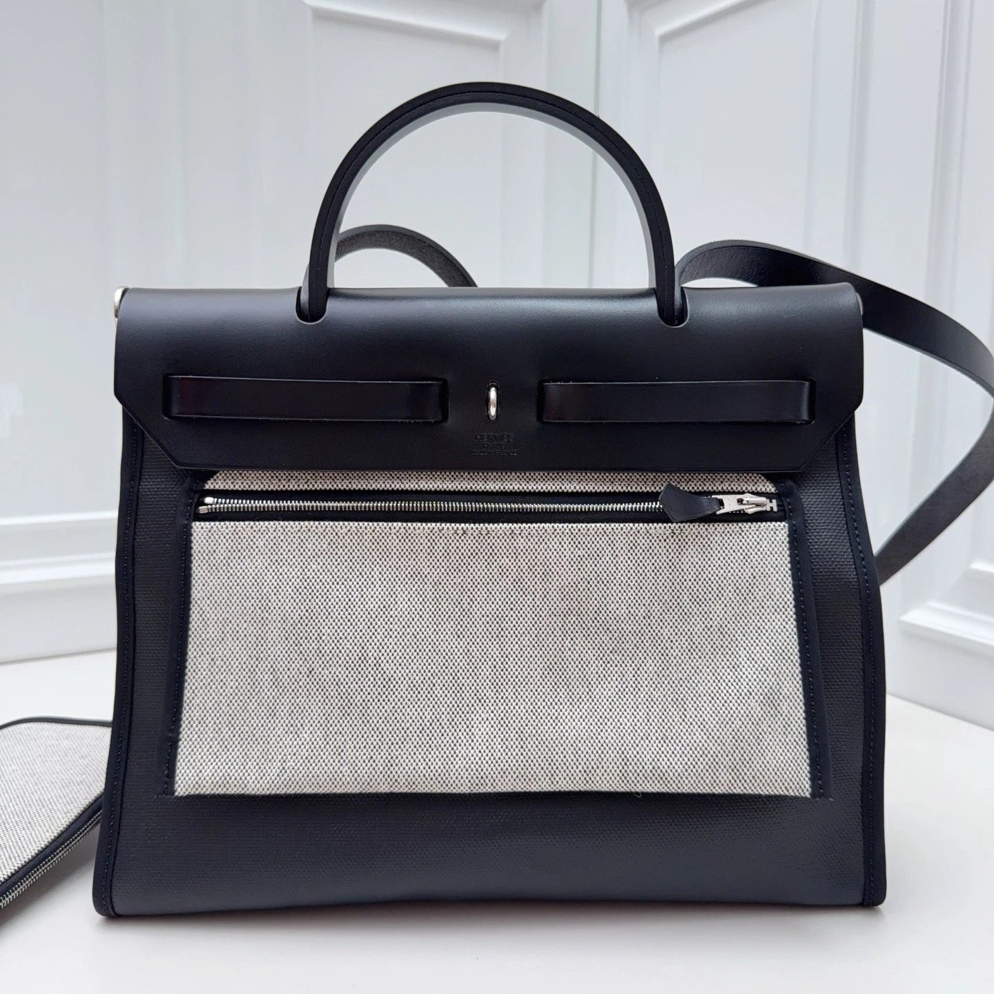 Hermes Herbag 31 Black Togo Canvas Top Handle Crossbody With Removable Pouch