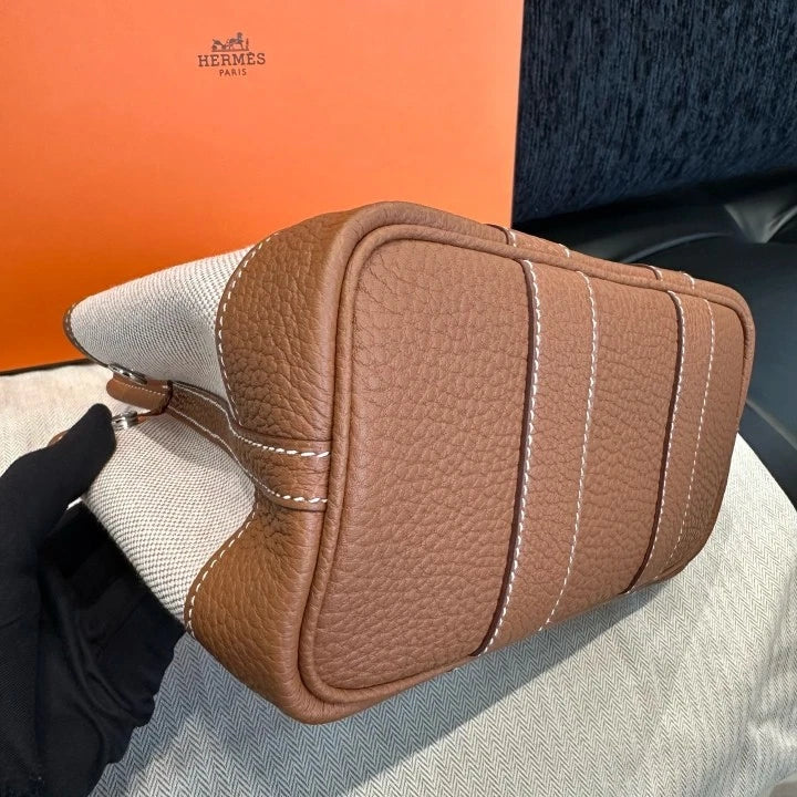 Hermes Garden Party Canvas Mini Top Handle Bag Brown Silver Women Classic D