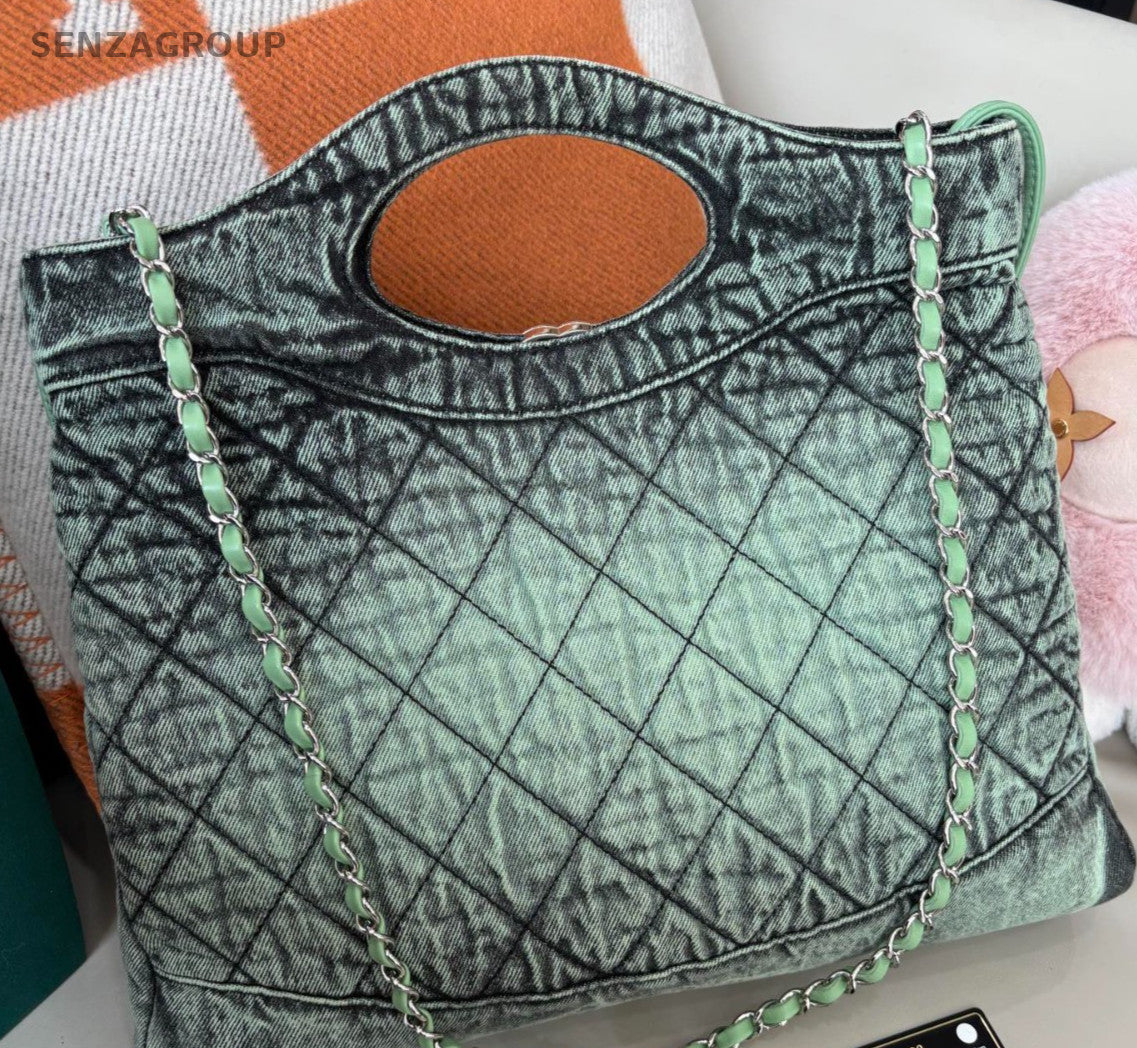 Chanel 31Bag Denim Chain Shoulder Bag Green Silver Diamond Women Classic