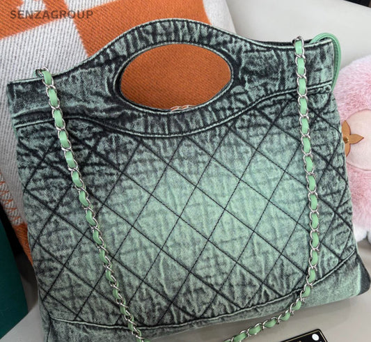 Chanel 31Bag Denim Chain Shoulder Bag Green Silver Diamond Women Classic