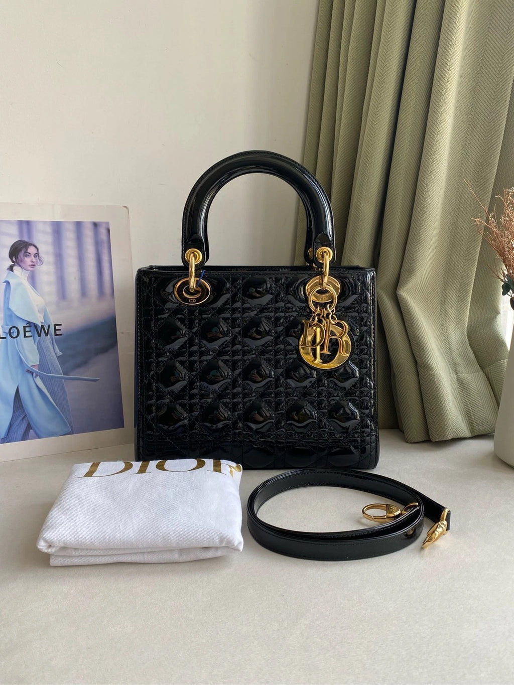 Dior Black Gold Patent Leather Lady Dior Handbag Shoulder Bag For Women