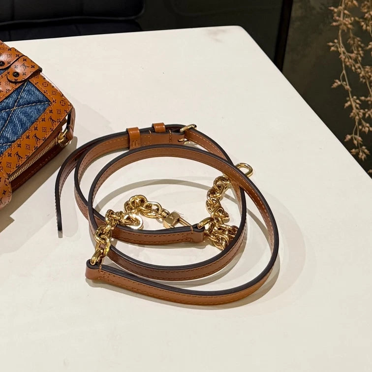 Louis Vuitton Denim Soft Trunk Blue Brown Crossbody Bag Women