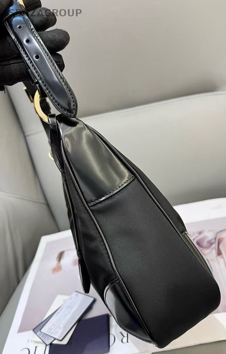PRADA Classic Nylon logo Shoulder Handbag Black gold Women