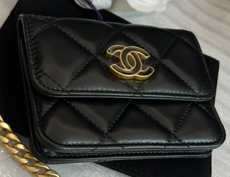 CHANEL 22P Enamel clasp Pocket mini Diamond pattern Chain Strap Black Gold
