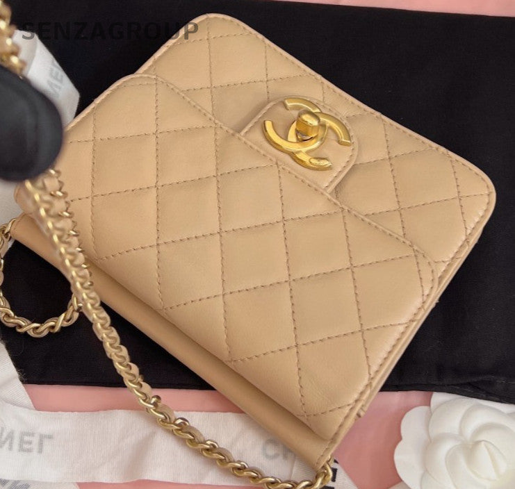 Chanel WOC Mini Chain Calfskin Shoulder Bag Crossbody Brown Gold Diamond Women
