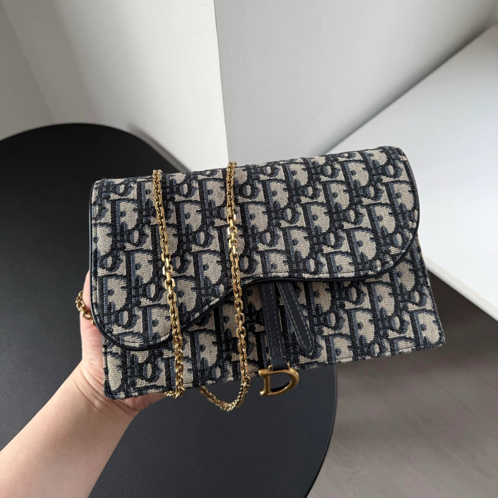 Dior Saddle Canvas Gold Blue Shoulder Bag Chain Bag Excellent