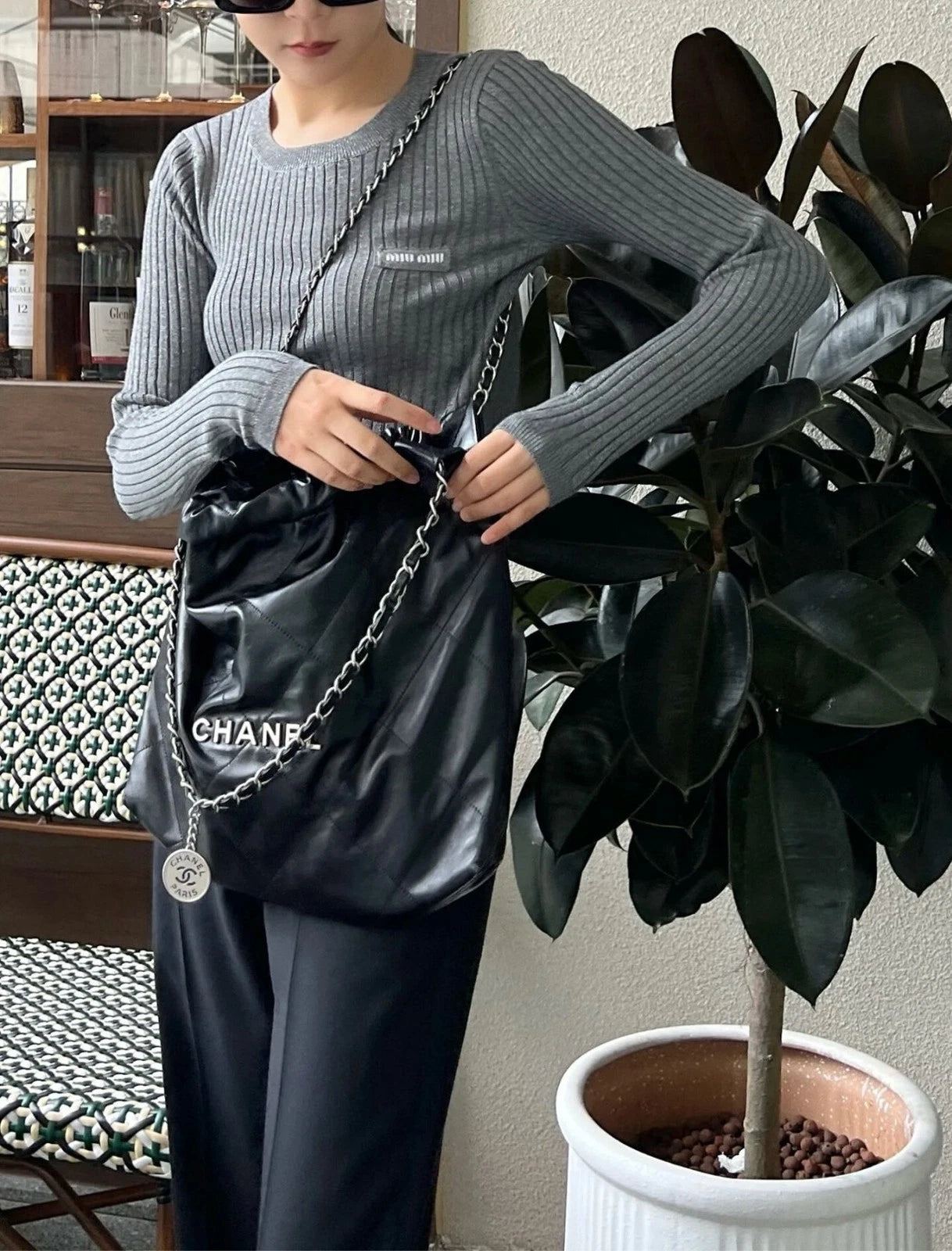 Authentic CHANEL 22Bag Small Black Silver Chain Tote Bag For Women