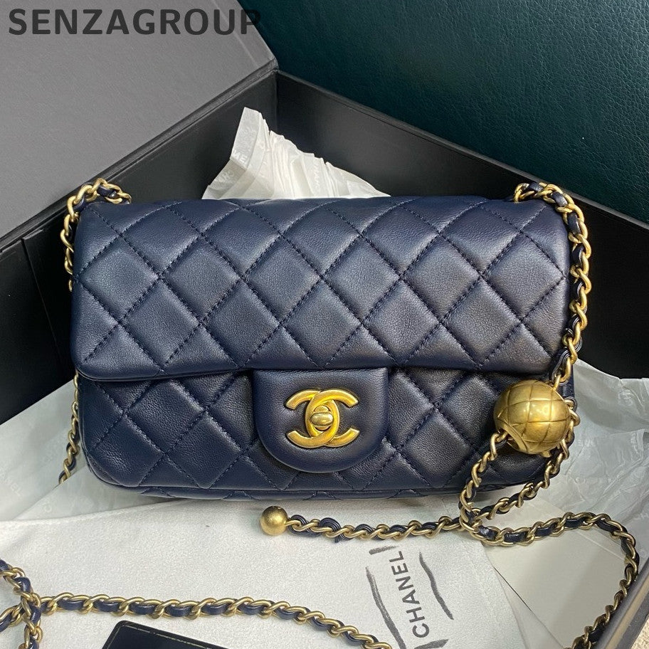 Chanel Classic Flap Mini Blue Gold Chain Crossbody Bag for Women