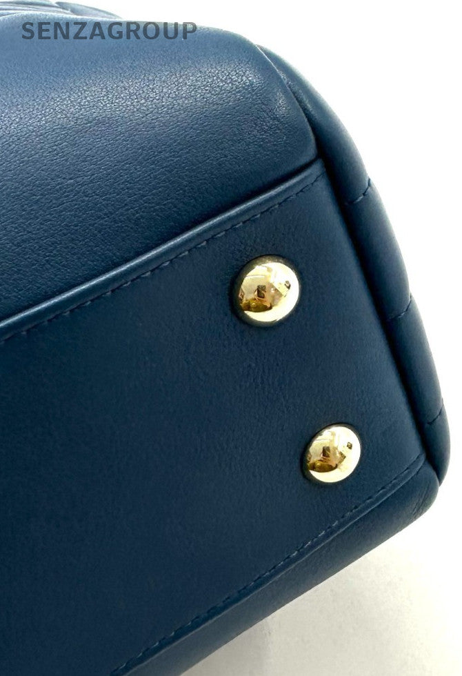 Chanel 17B Calfskin Tote Handbag Chain Shoulder Bag Blue Gold Women Classic