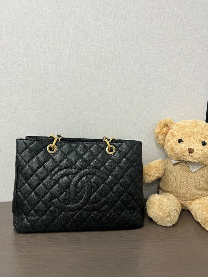 Chanel Black Gold Leather GST Shoulder Bag For Women
