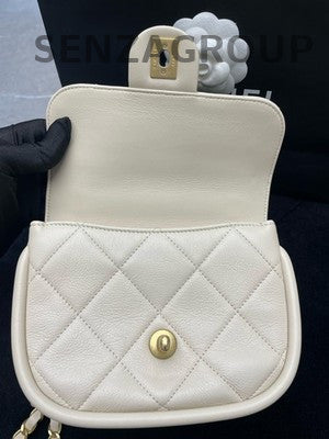 Chanel Beige Quilted Saddle Bag with Gold Chain Strap - Classic Women's